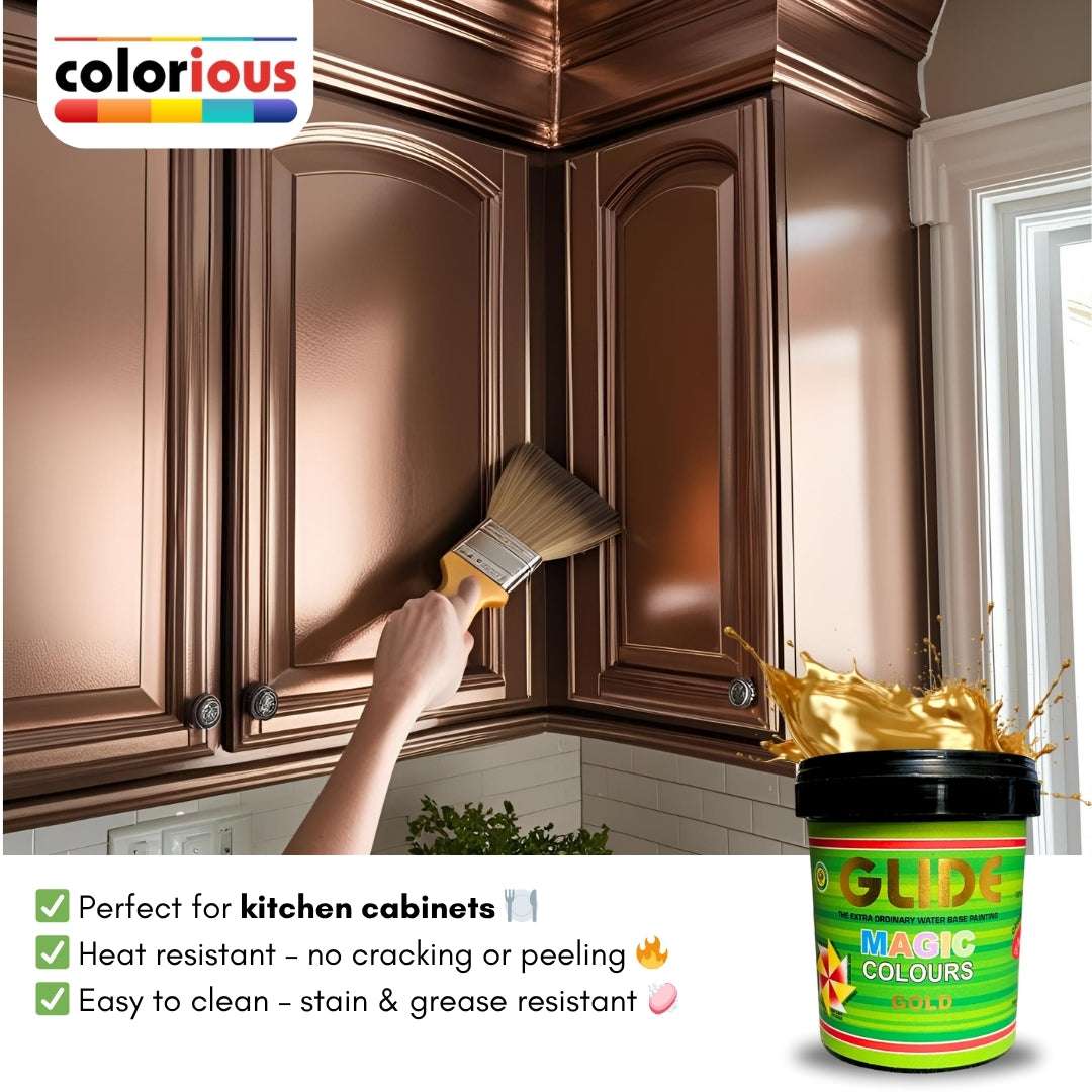 Hand painting kitchen cabinets with metallic gold paint, showcasing heat-resistant, stain-proof finish for home renovation.