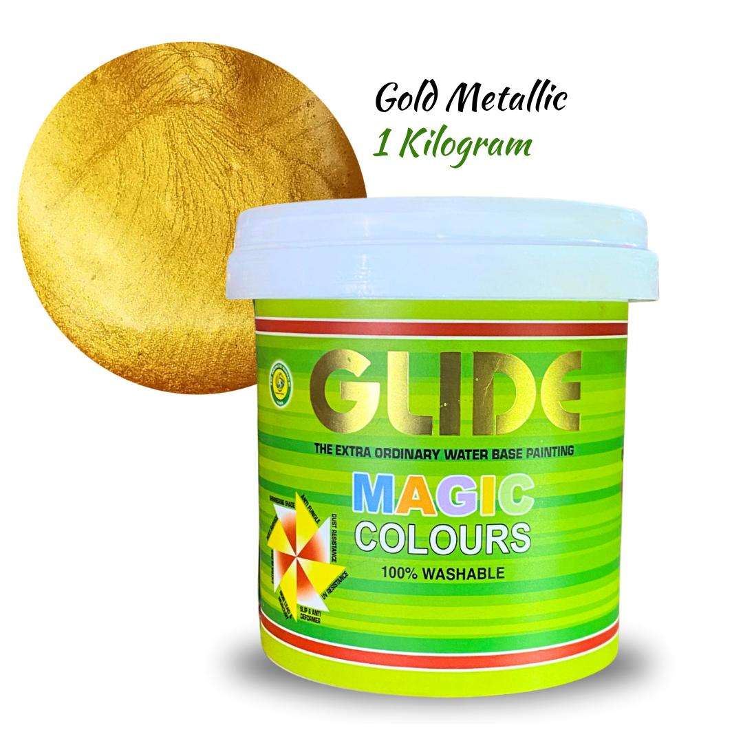 Gold Metallic 1kg Glide Magic Colours water-based paint, 100% washable, vibrant shimmer finish