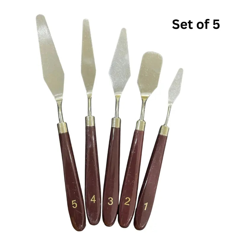 Set of 5 artist palette knives with numbered brown handles, ideal for painting and mixing colors