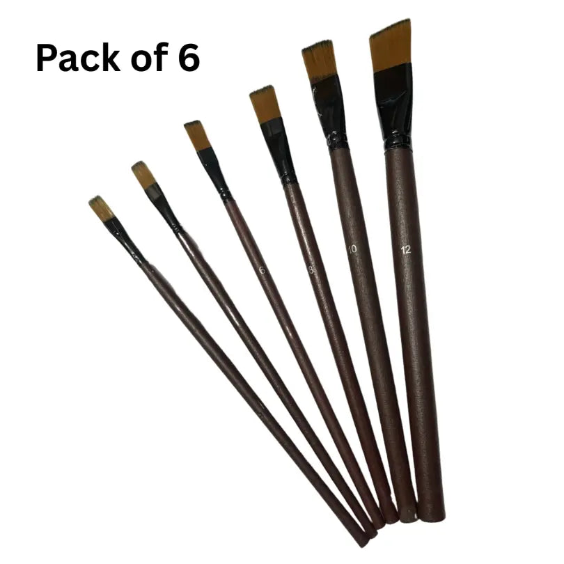 Pack of 6 flat paint brushes with brown handles, ideal for acrylics and watercolors