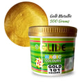 Gold Metallic 500g water-based paint in green-labeled jar, shimmering gold swatch shown