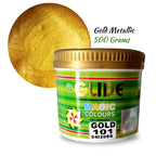 Gold Metallic 500g water-based paint in green-labeled jar, shimmering gold swatch shown