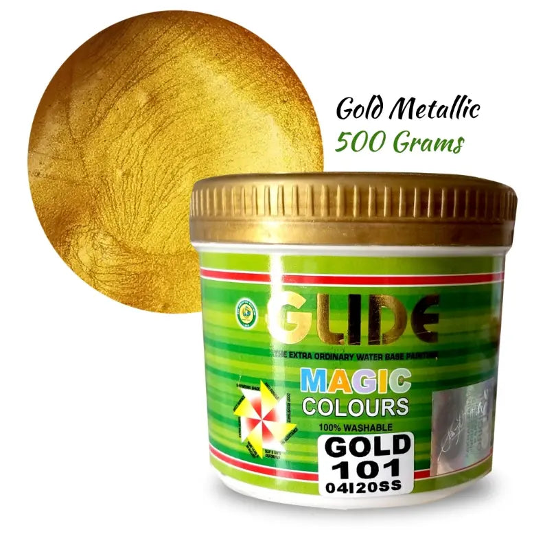 Gold Metallic 500g water-based paint in green-labeled jar, shimmering gold swatch shown