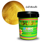 Gold Metallic water-based paint in Glide Magic Colours container with shimmering gold swatch