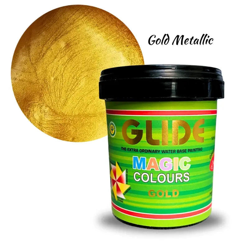 Gold Metallic water-based paint in Glide Magic Colours container with shimmering gold swatch