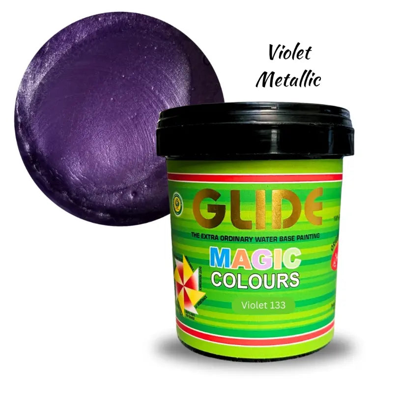 Violet Metallic water-based paint in Glide Magic Colours container, shade Violet 133