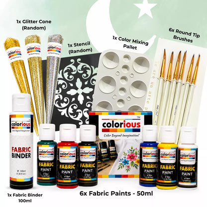 Fabric Painting Complete Kit (6x Fabric Paints, 6x Round Brushes, 1x Fabric Binder, 1x Glitter Cone, 1x Stencil & 1x Mixing Pallet)