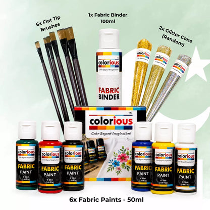 Fabric Painting Starter Kit (6x Fabric Paints, 6x Flat Brushes & 2x Glitter Cones)
