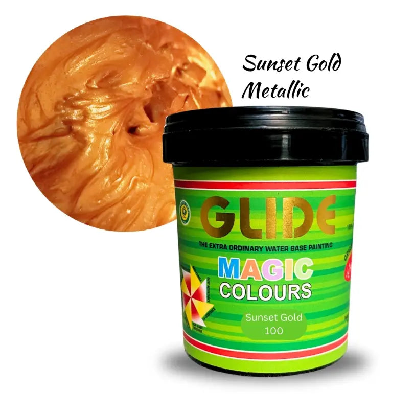 Sunset Gold Metallic water-based paint in Glide Magic Colours tub, vibrant shimmer finish shown