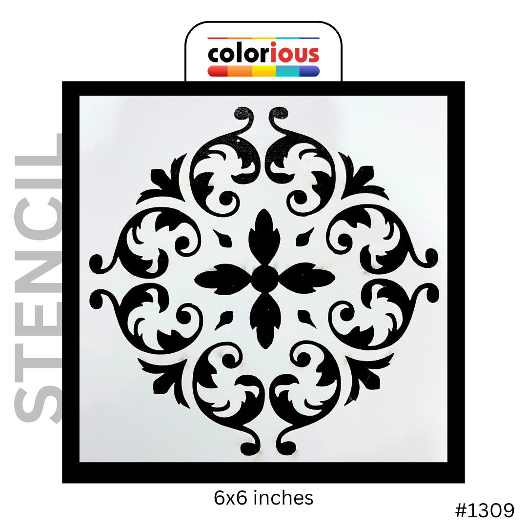 6x6 inch decorative stencil with ornate floral scroll design, ideal for painting and crafts