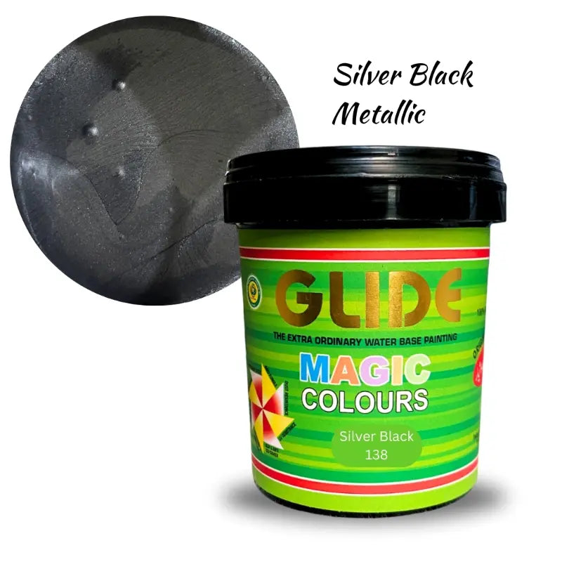 Glide Magic Colours Silver Black Metallic water-based paint, vibrant green label, shimmering finish swatch