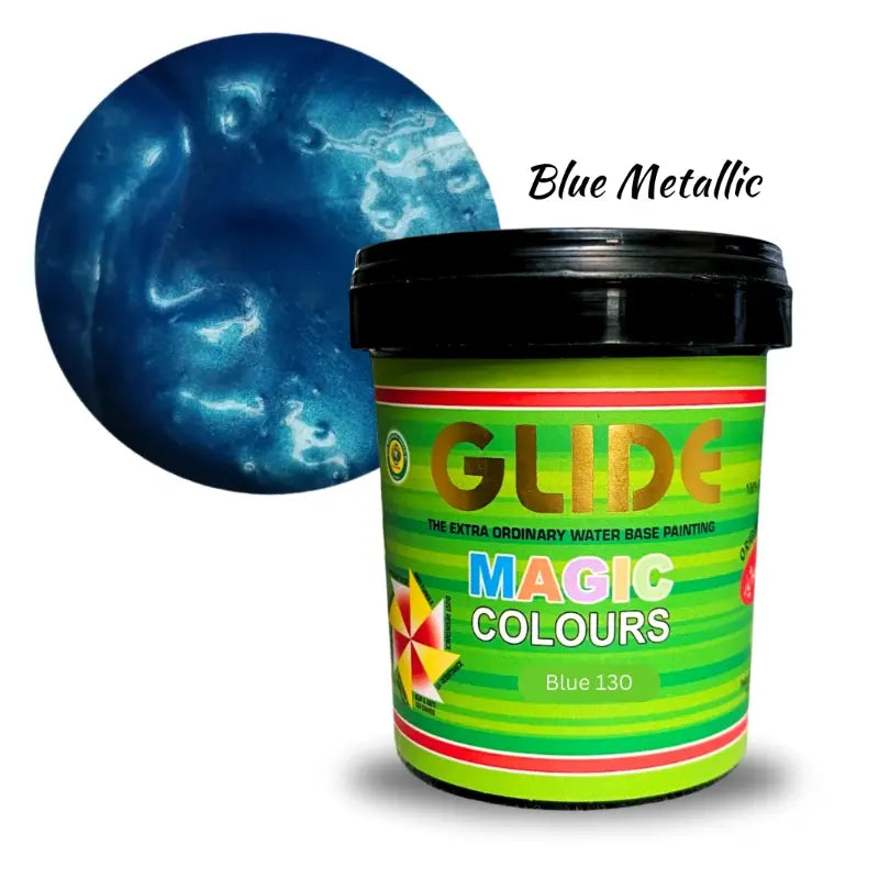 Blue Metallic water-based paint in Glide Magic Colours, shade Blue 130, with swatch preview