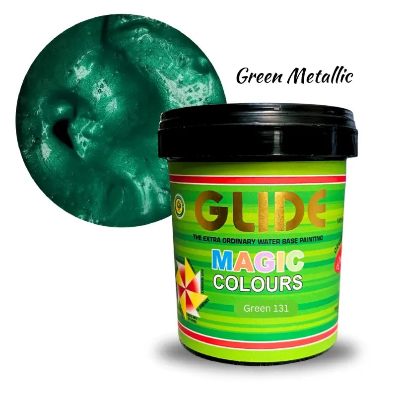 Green Metallic water-based paint in Glide Magic Colours tub, shade Green 131, vibrant shimmer finish