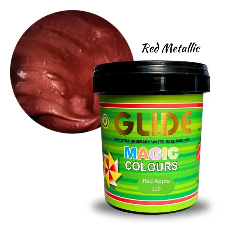 Glide Magic Colours Red Apple 115 water-based paint with red metallic swatch