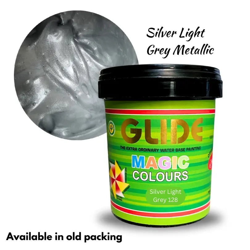 Silver Light Grey Metallic paint in Glide Magic Colours tub, water-based, old packaging