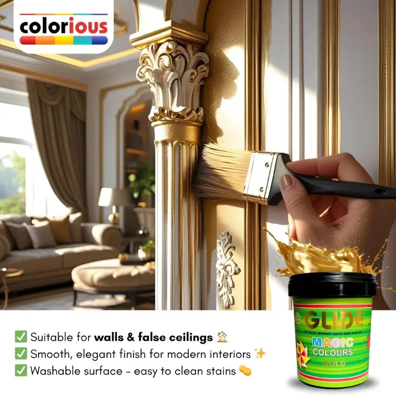 Hand painting ornate column gold with Glide Magic Colours paint, perfect for walls and false ceilings
