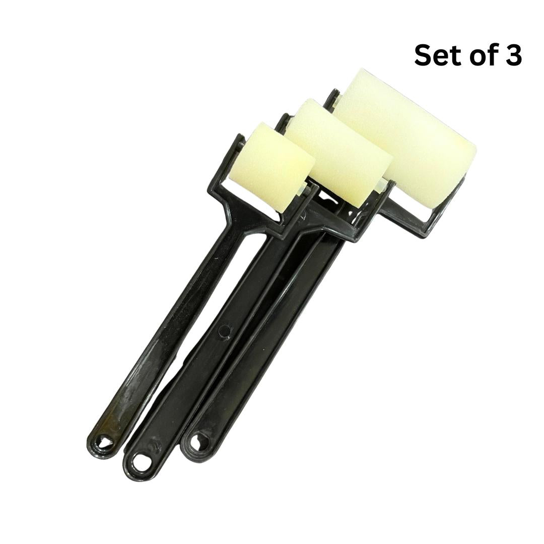 Set of 3 foam paint rollers with black handles for smooth wall painting and craft projects