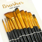 Set of paint brushes with black handles and gold ferrules, assorted sizes for art projects