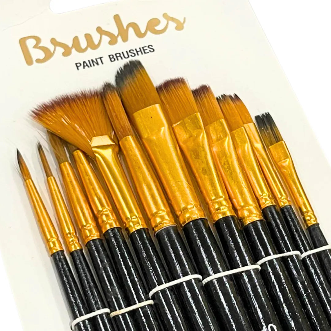 Set of paint brushes with black handles and gold ferrules, assorted sizes for art projects