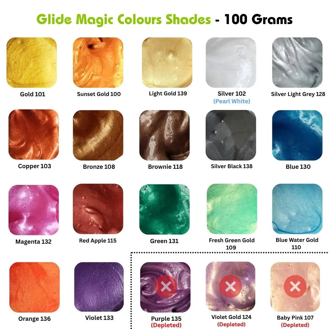 Glide Magic Colours Shades - 100g paint swatches with metallic & pearl finishes, including Gold, Silver, Bronze, Blue, Green, Violet, and depleted options.