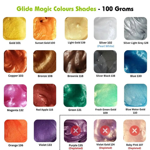 Glide Magic Colours Shades - 100g paint swatches with metallic & pearl finishes, including Gold, Silver, Bronze, Blue, Green, Violet, and depleted options.