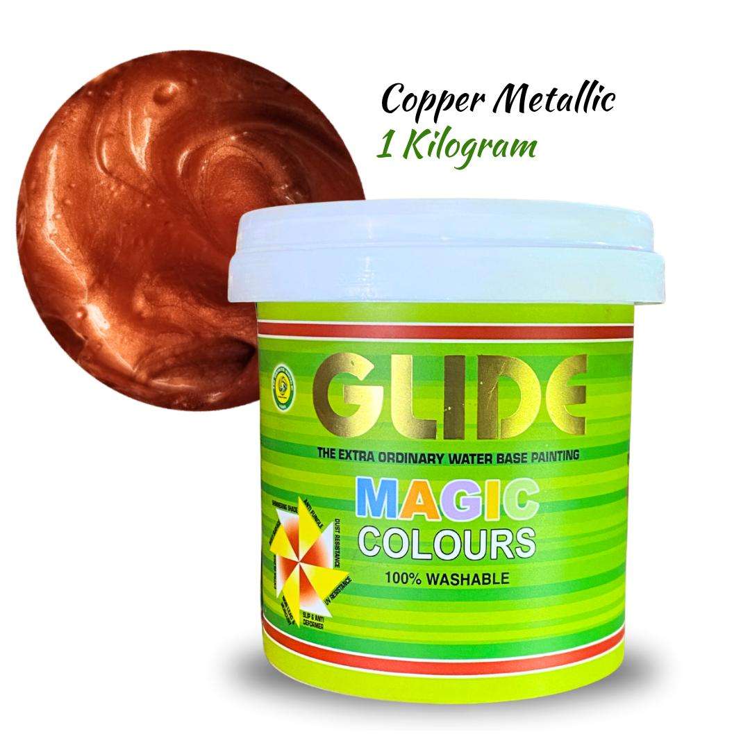 Copper Metallic 1kg Glide Magic Colours water-based paint, 100% washable, vibrant shimmer finish