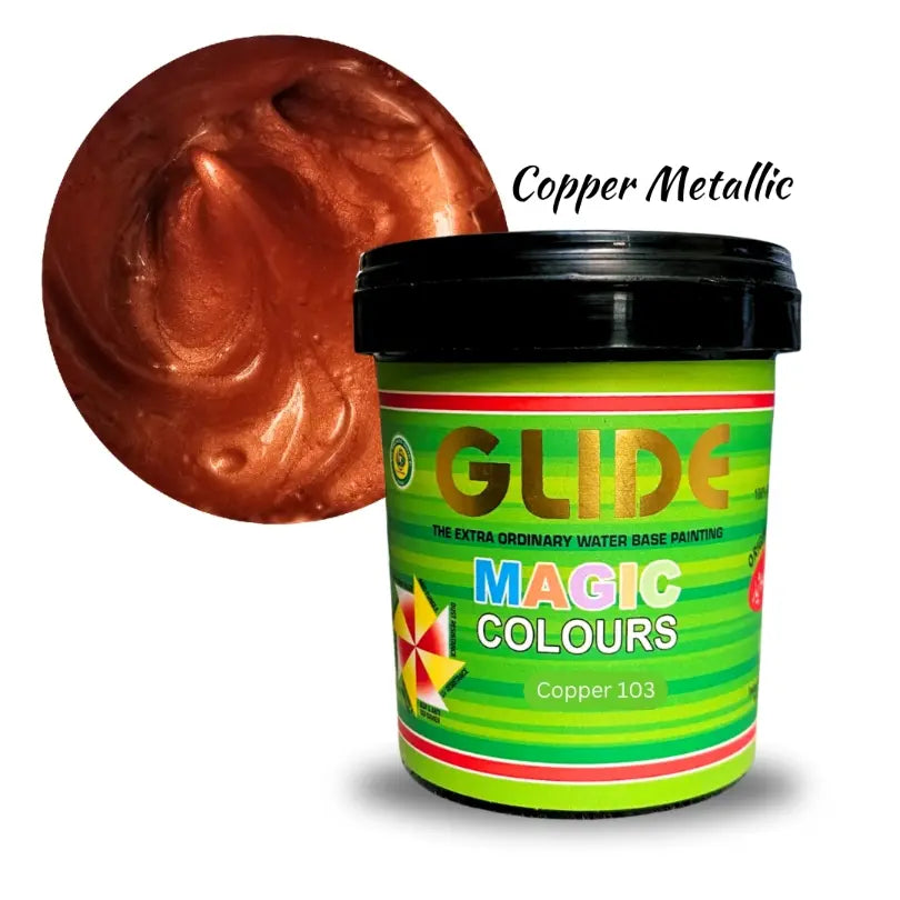 Copper Metallic paint swatch and Glide Magic Colours Copper 103 water-based paint pot