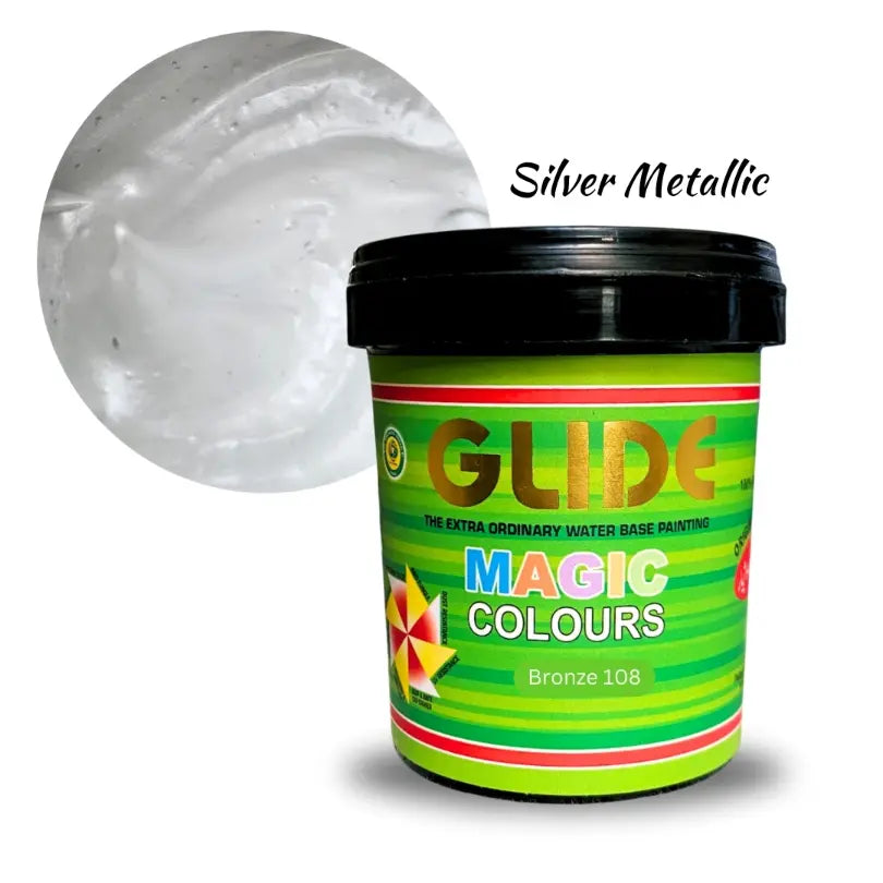 Silver Metallic Glide Magic Colours water-based paint in Bronze 108, vibrant green label with black lid