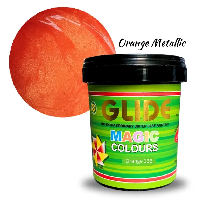 Glide Magic Colours Orange Metallic water-based paint, vibrant orange 136 shade in green tub