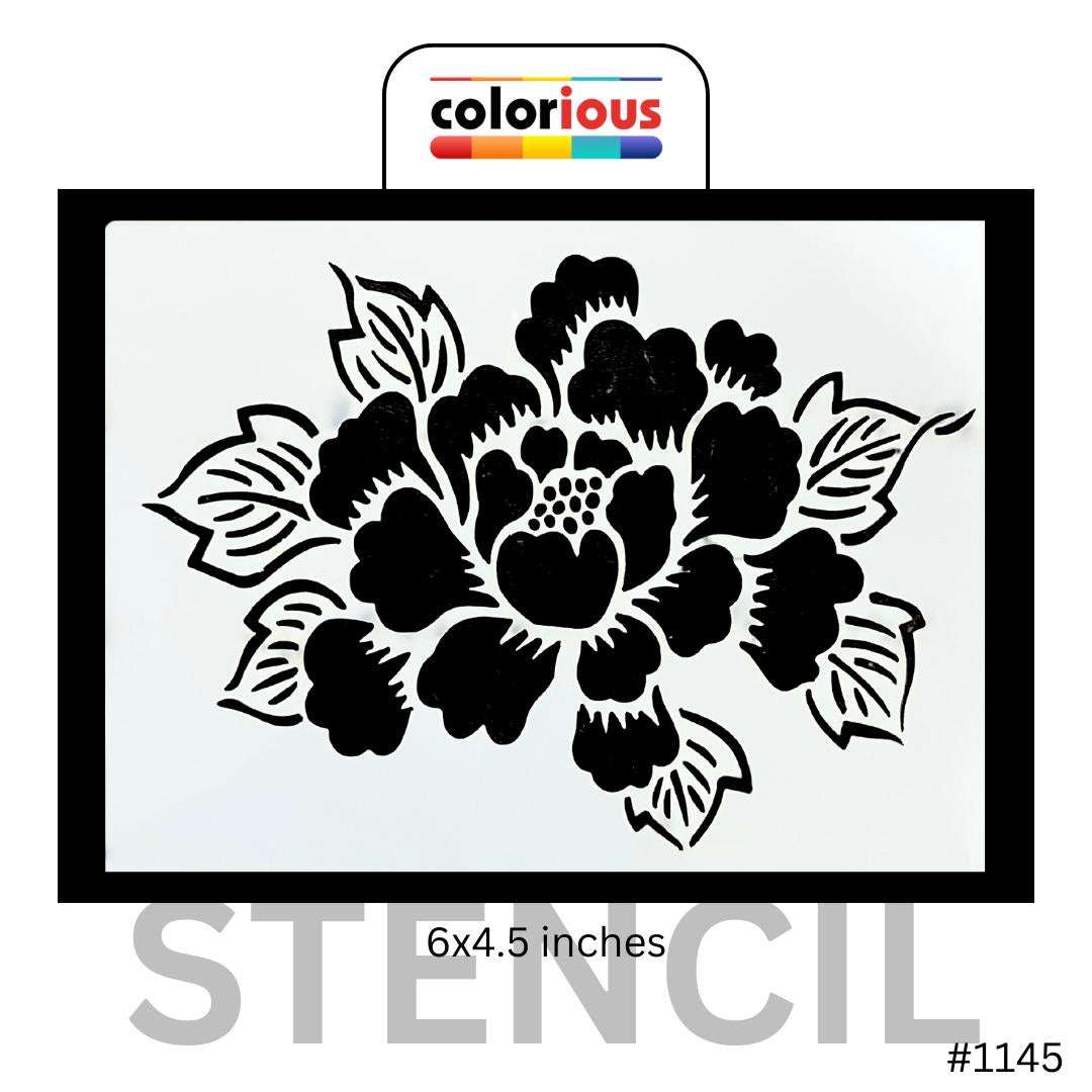Floral stencil design with peony flower and leaves, 6x4.5 inches, reusable crafting template #1145
