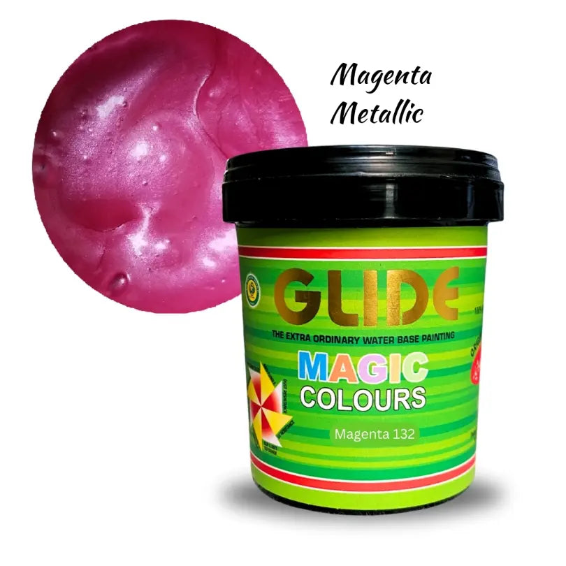 Glide Magic Colours Magenta Metallic water-based paint, vibrant magenta 132 shade in green tub