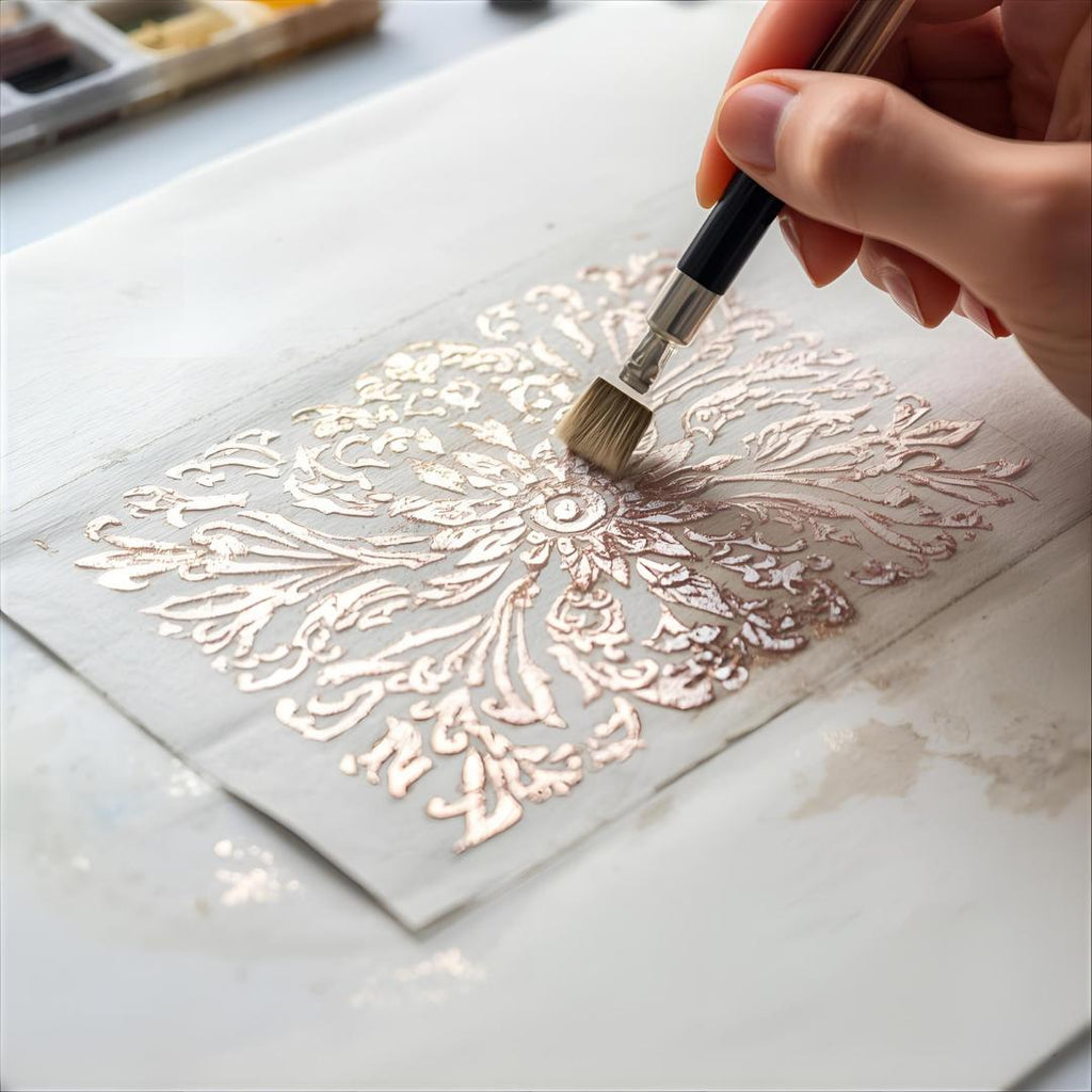 Hand painting intricate floral design with metallic paint using fine brush on paper