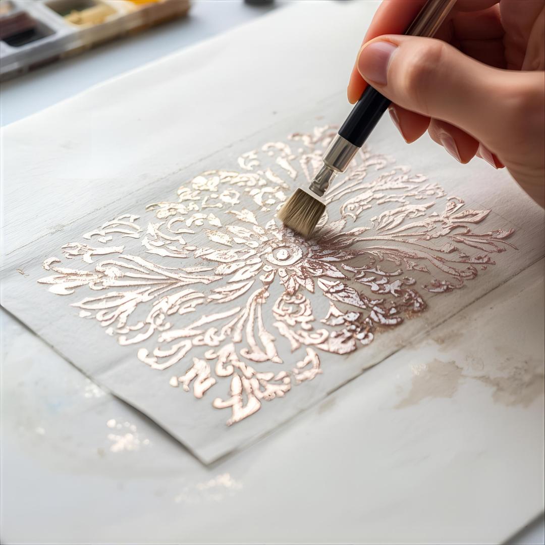 Hand painting intricate floral design with metallic paint using fine brush on paper