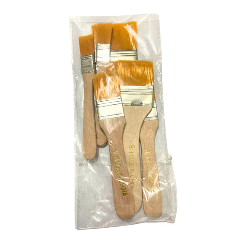 Set of wooden-handled paint brushes with orange bristles, packaged in clear plastic, ideal for art and crafts.