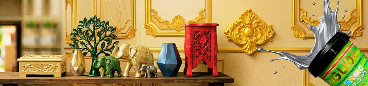 Magic Colours paint splashing over decorative elephants, vase, and red stool on ornate shelf