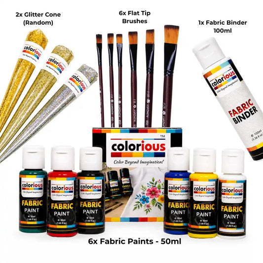 Fabric Painting Starter Kit (6x Fabric Paints, 6x Flat Brushes, 2x Glitter Cones & 1x Fabric Binder)