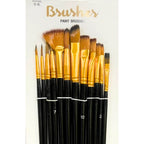 Set of paint brushes with black handles and gold ferrules, assorted sizes for art and crafting