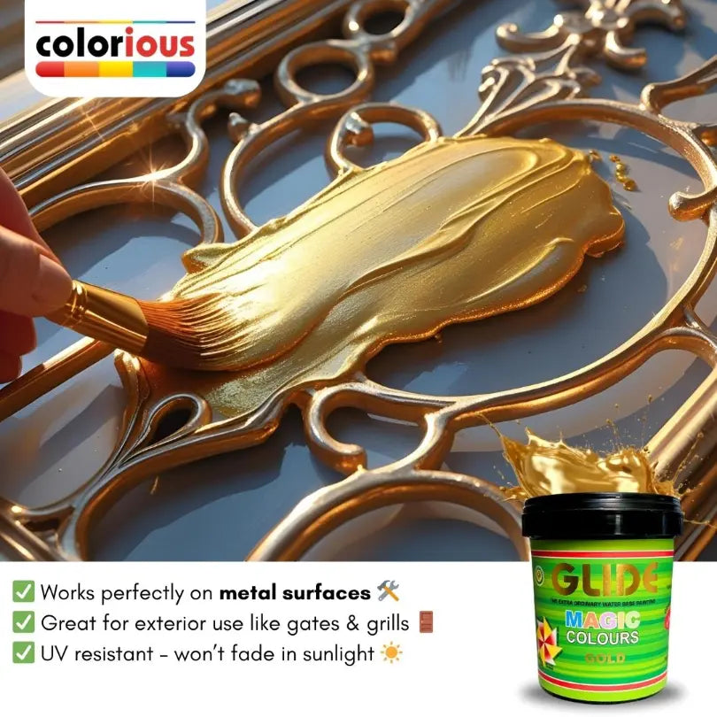 Golden paint brushed onto ornate metal gate, UV-resistant for outdoor use, Magic Colours Gold