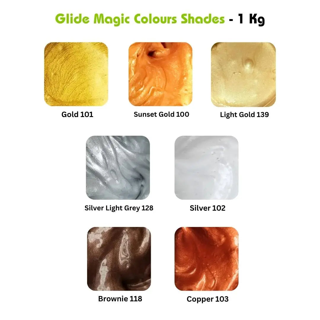 Glide Magic Colours Shades - 1 Kg paint swatches in Gold, Silver, Copper & Brownie tones for creative projects