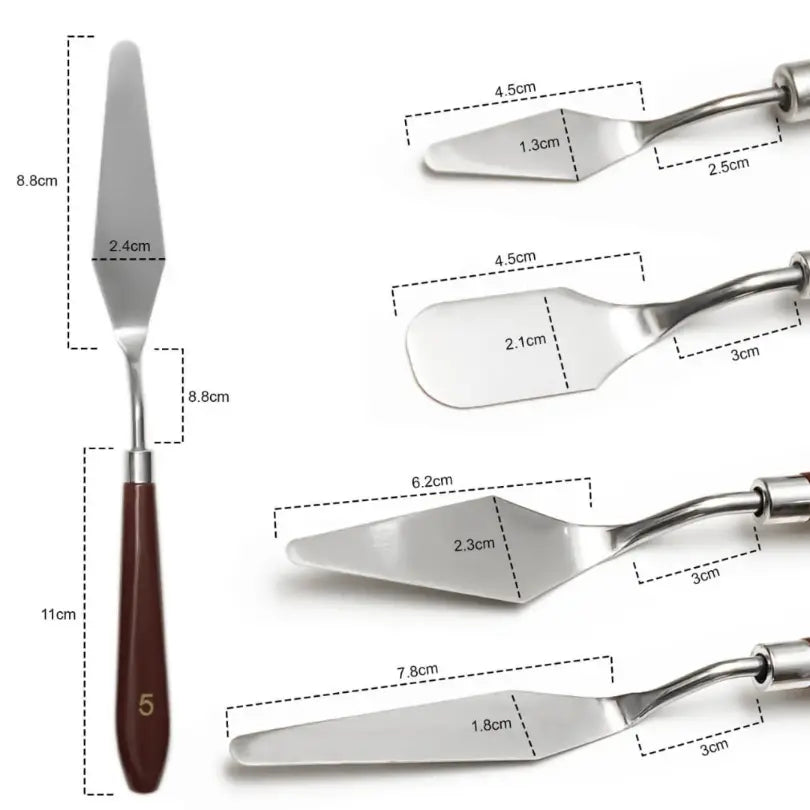 Stainless steel cake spatulas with wooden handle, assorted sizes for baking and decorating, precise measurements shown