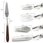 Stainless steel cake spatulas with wooden handle, assorted sizes for baking and decorating, precise measurements shown