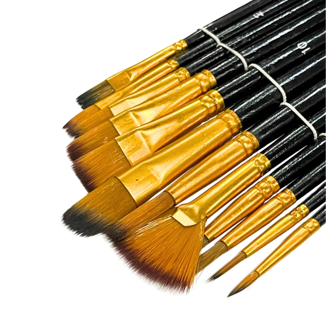 Professional artist paint brushes with black handles and golden ferrules, assorted sizes for acrylic, watercolor, and oil painting