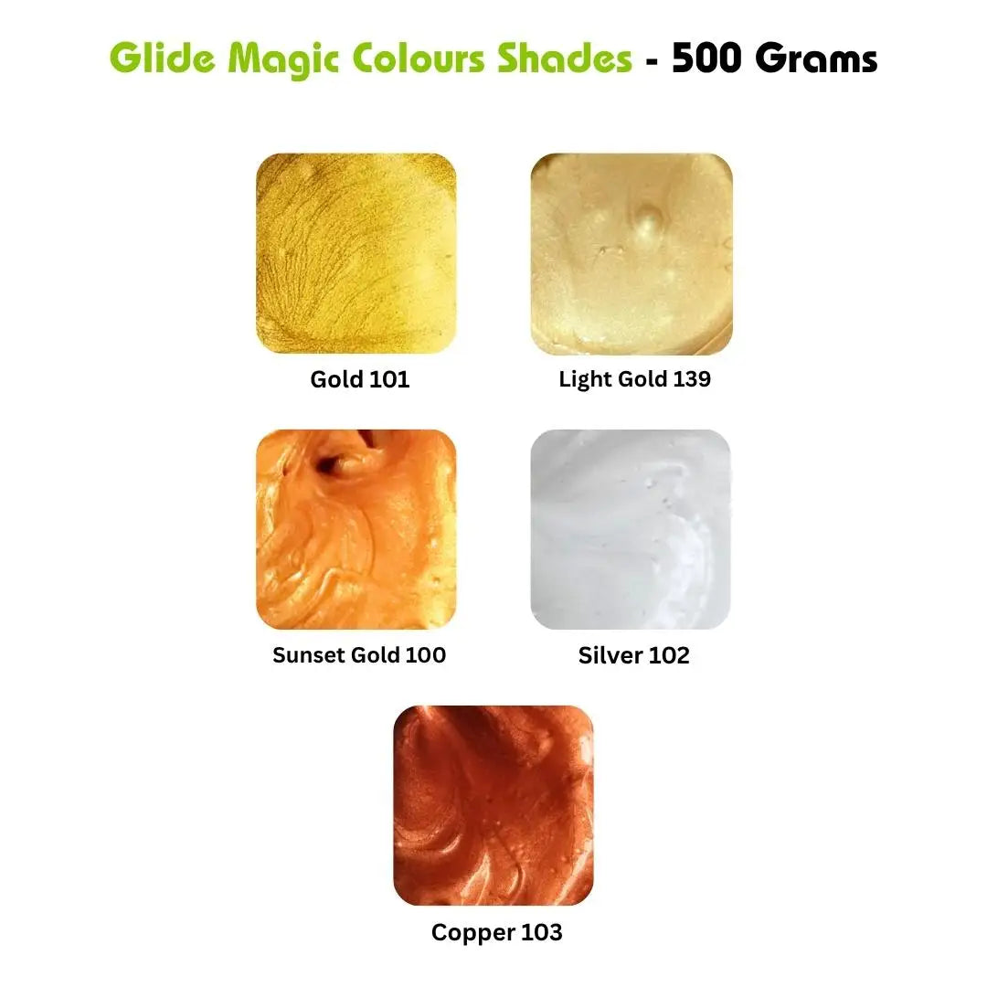 Glide Magic Colours Shades 500g: Gold, Light Gold, Sunset Gold, Silver, Copper paint swatches