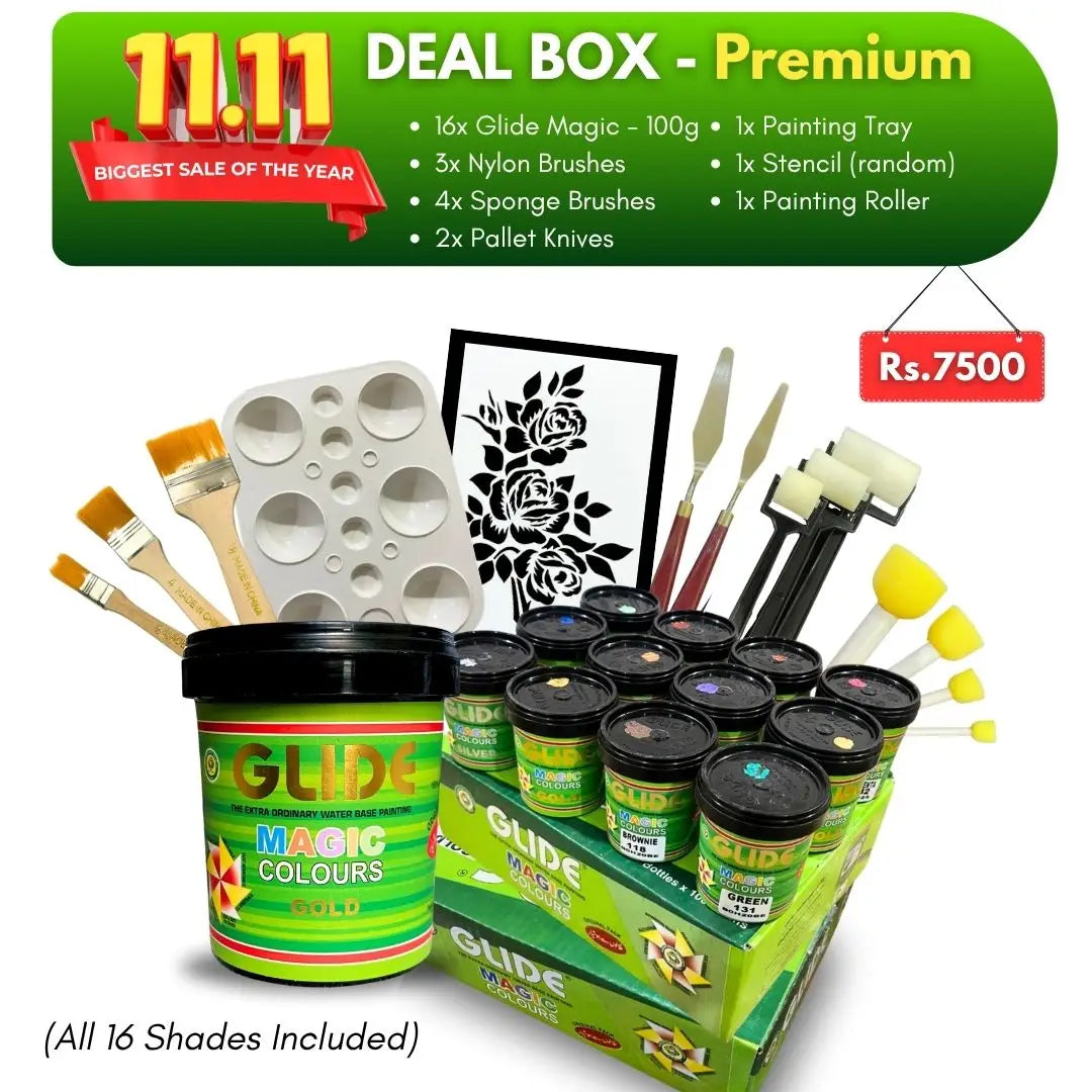 11.11 Deal Box - Premium (16x Glide Magic - 100g, 3x Nylon Brushes, 1x Painting Tray, 1x Stencil, 2x Pallet Knives, 1x Roller & 4x Sponge Brushes