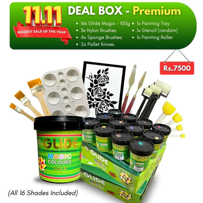 11.11 Deal Box - Premium (16x Glide Magic - 100g, 3x Nylon Brushes, 1x Painting Tray, 1x Stencil, 2x Pallet Knives, 1x Roller & 4x Sponge Brushes