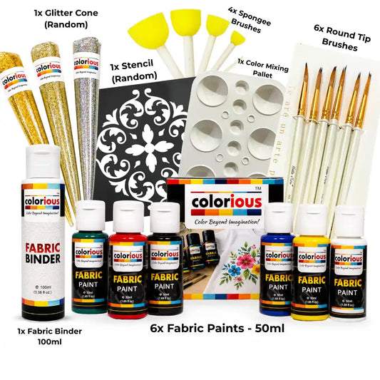 Fabric Painting Complete Kit (6x Fabric Paints, 1x Fabric Binder, 1x Glitter Cone, 6x Round Brushes, 4x Sponge Brushes, 1x Stencil & 1x Mixing Pallet)