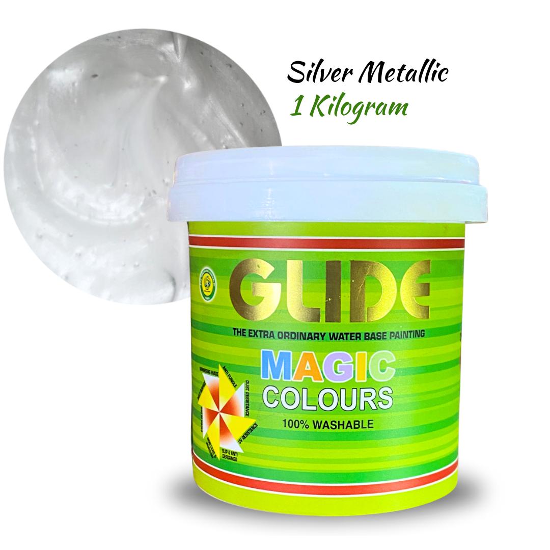 Silver Metallic 1kg Glide Magic Colours water-based paint, 100% washable, with swatch sample shown