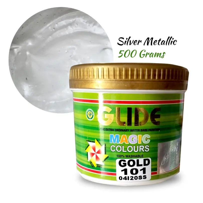 Silver Metallic 500g water-based paint in green-labeled jar, washable Magic Colours Glide