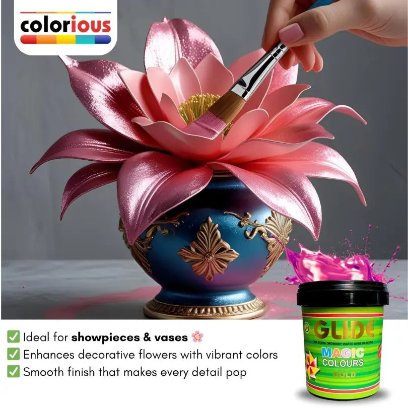 Hand painting vibrant pink lotus flower on ornate blue vase with magic gold paint, ideal for showpieces