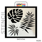 6x6 inch tropical leaf stencil with monstera, fern, and palm designs for wall art and crafts